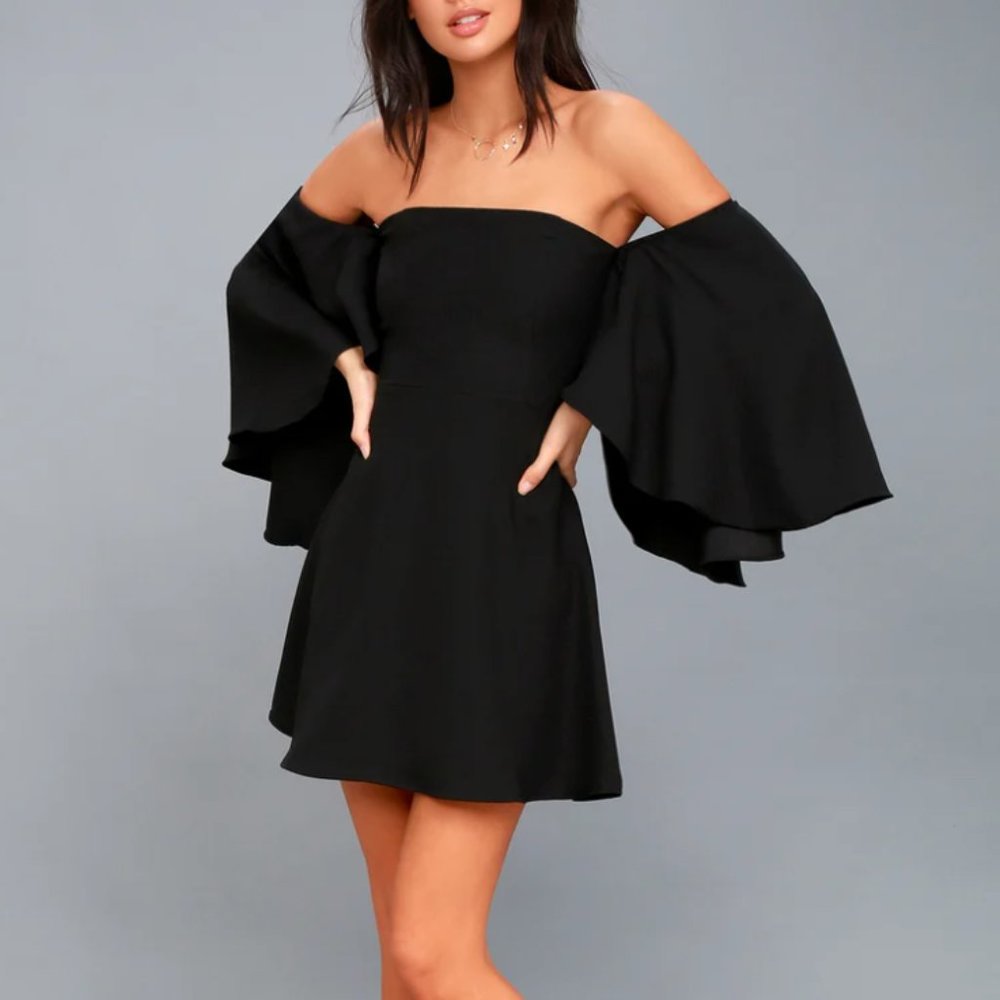 Lulus Moonlit Dance Black Off-the-Shoulder Skater Dress S NWT new